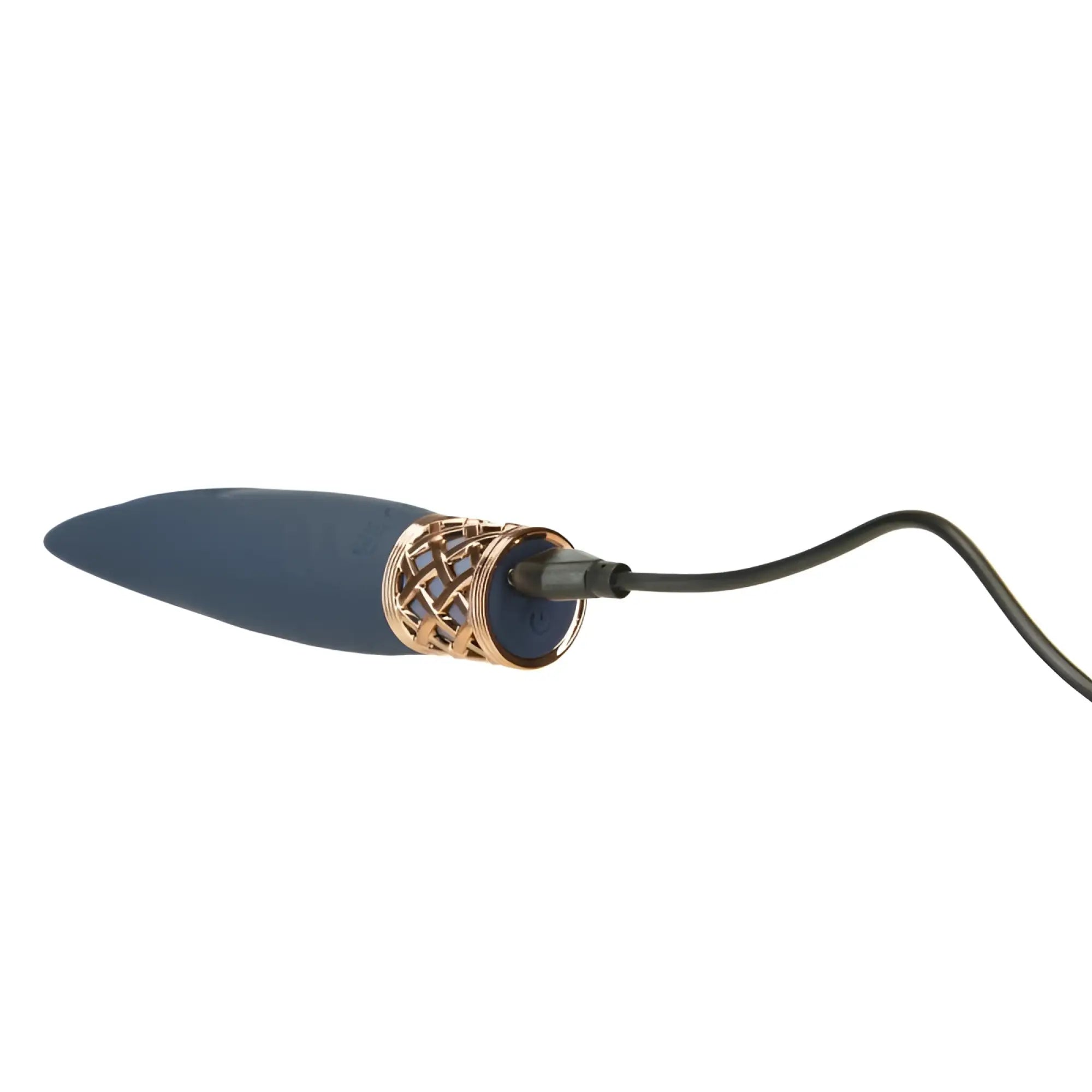 Navy blue silicone vibrator with rose gold mesh accent and charging cable from pillow talk secrets playful massager