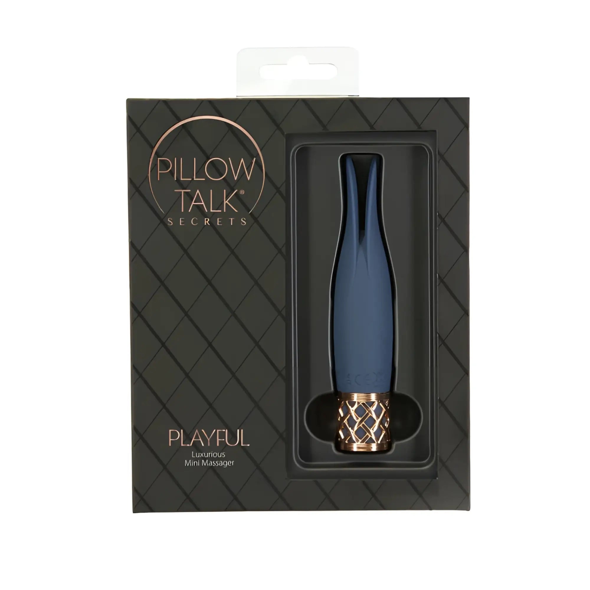 A sleek navy blue pillow talk secrets playful massager with a rose gold textured base for luxurious use