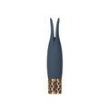 A sleek navy blue silicone playful massager with a gold-toned lattice patterned base from Pillow Talk Secrets