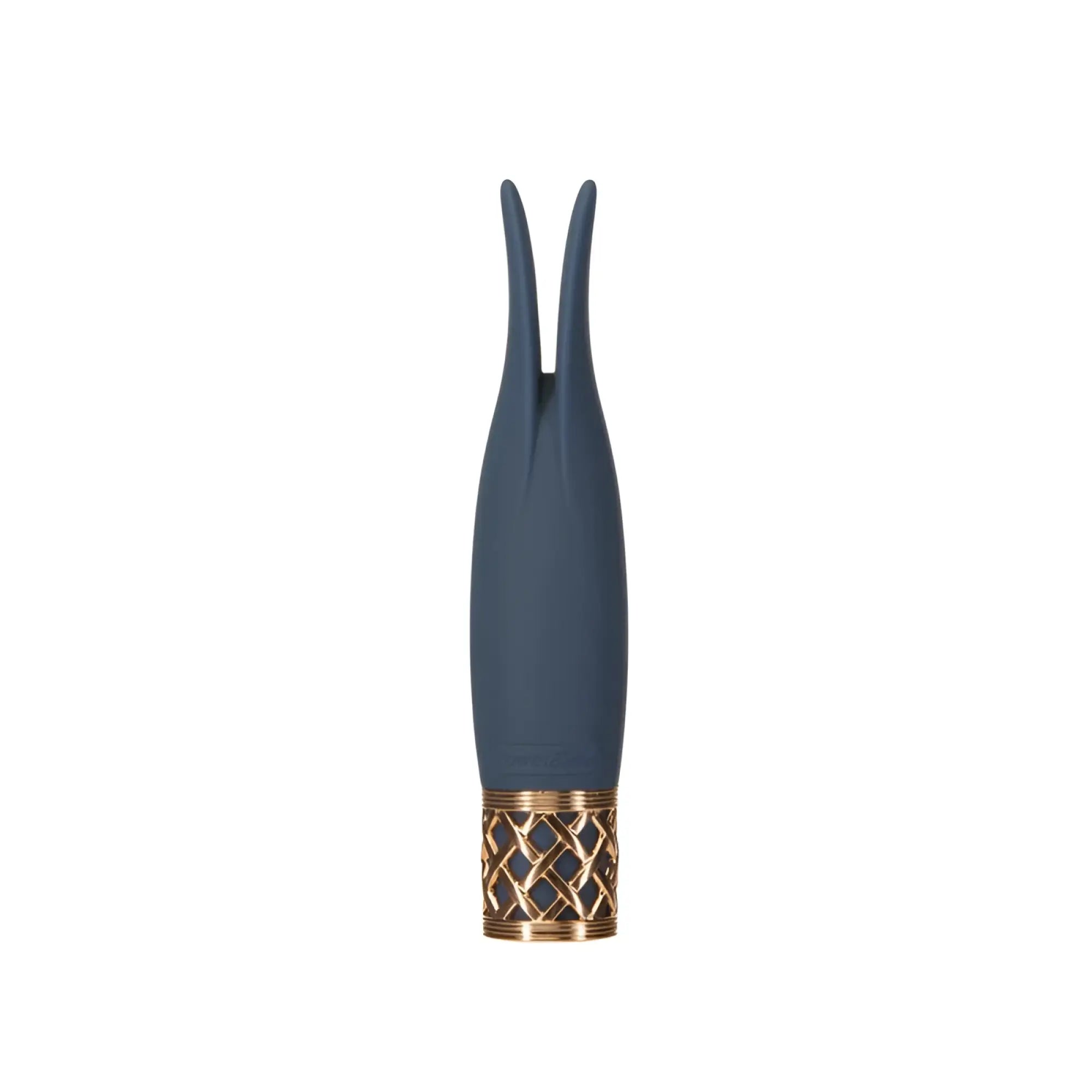 A sleek navy blue silicone playful massager with a gold-toned lattice patterned base from Pillow Talk Secrets