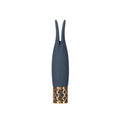 A sleek navy blue silicone playful massager with a gold-toned lattice patterned base from Pillow Talk Secrets