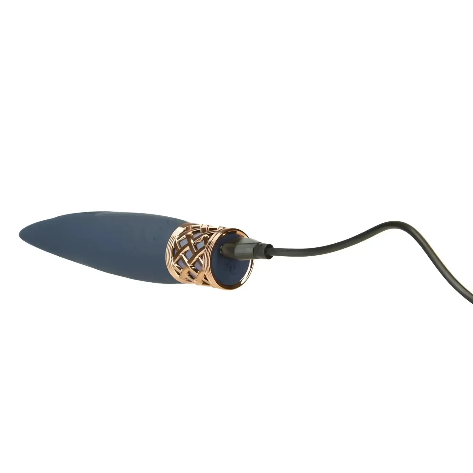 Navy blue silicone vibrator with rose gold mesh accent and charging cable from pillow talk secrets playful massager