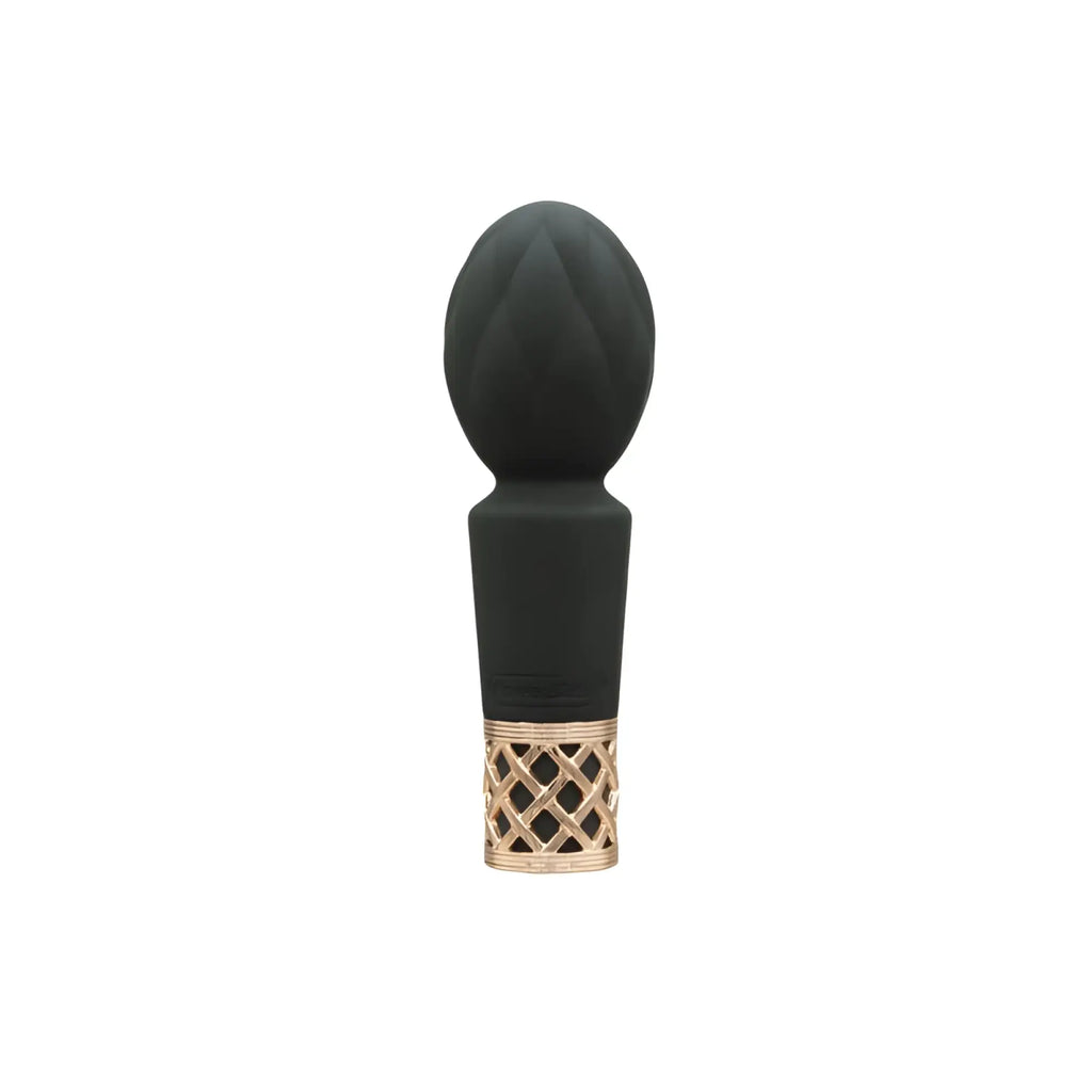 Black silicone pillow talk secrets pleasure wand with gold toned lattice patterned base for intimate use