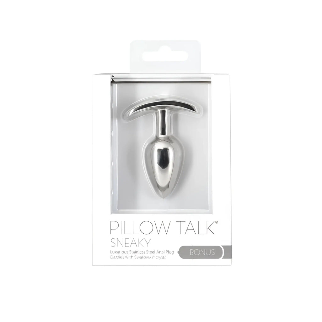 Silver stainless steel anal plug with t-shaped handle and swarovski crystal accent by pillow talk sneaky