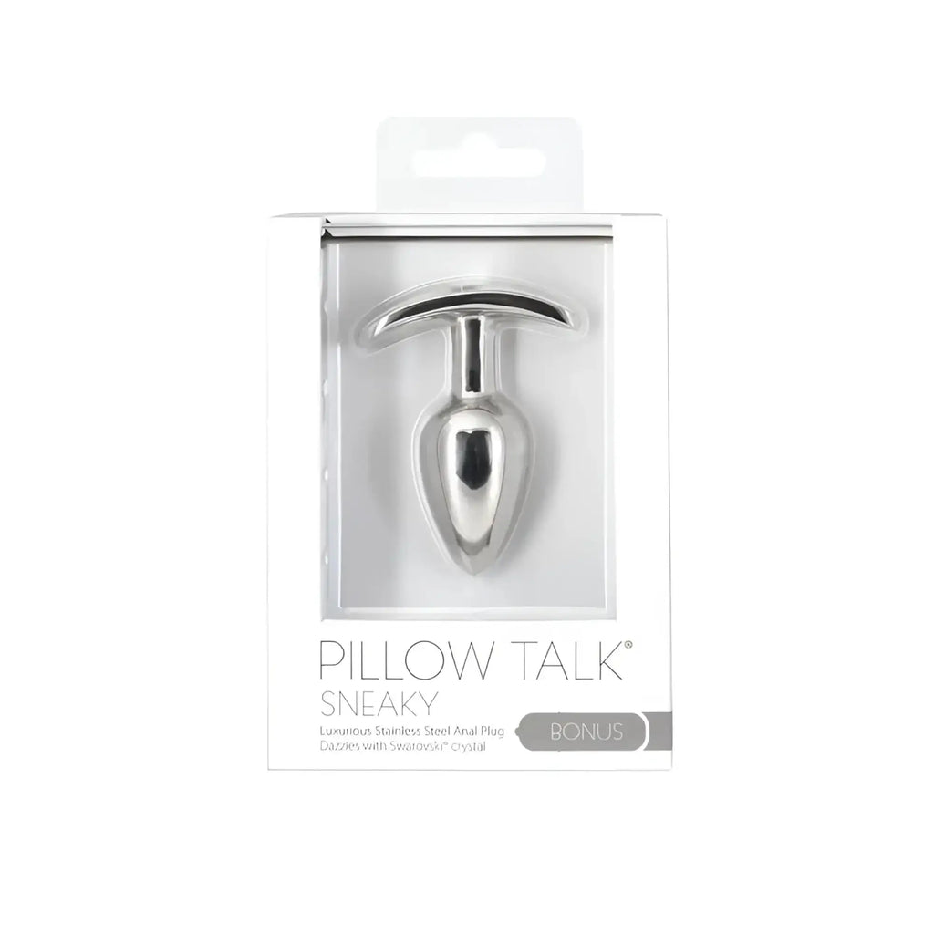 Silver stainless steel anal plug with t-shaped handle and swarovski crystal accent by pillow talk sneaky