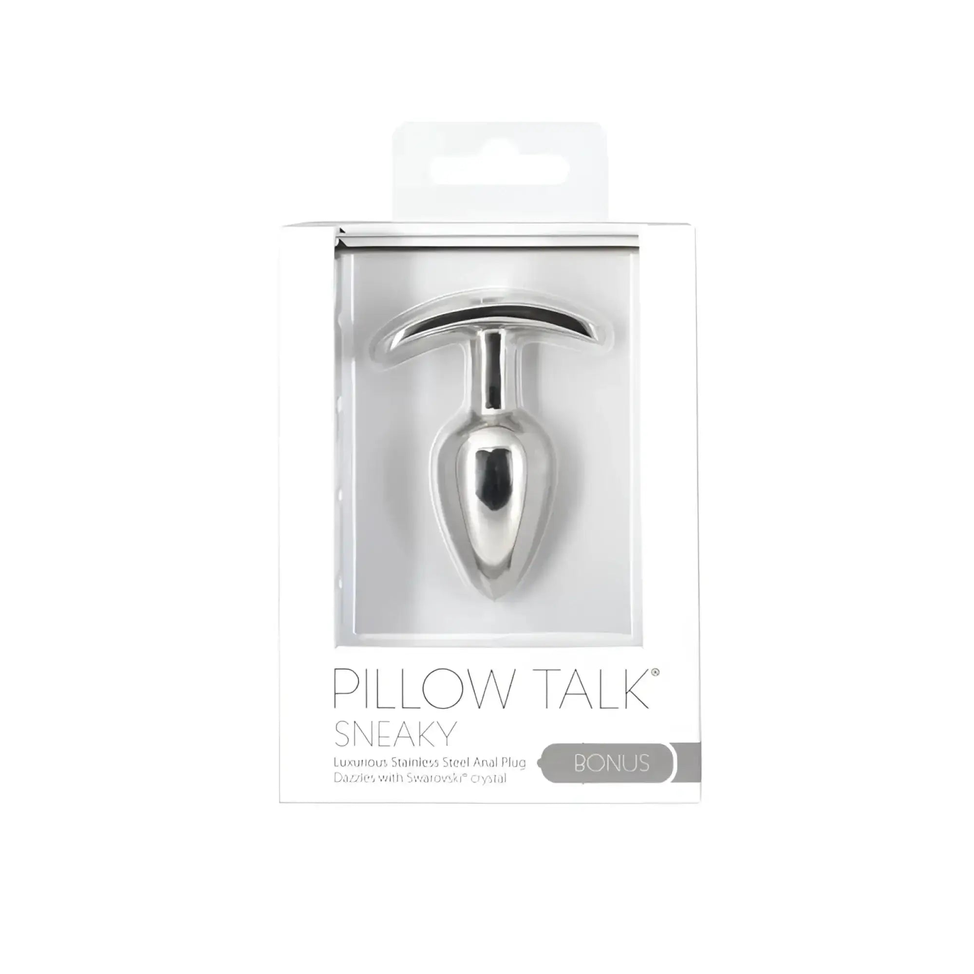 Silver stainless steel anal plug with t-shaped handle and swarovski crystal accent by pillow talk sneaky