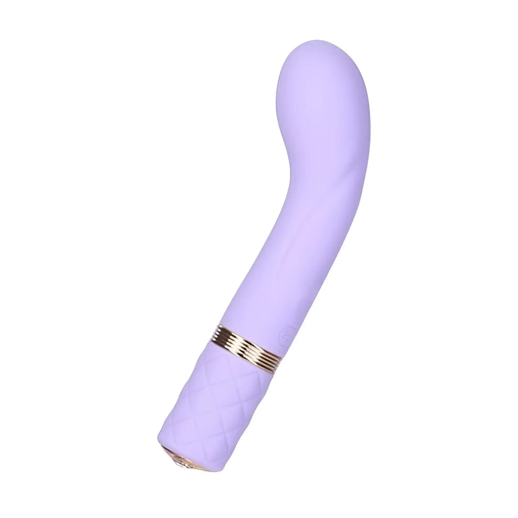 Lavender silicone vibrator with quilted texture and gold-toned band pillow talk racy mini massager purple
