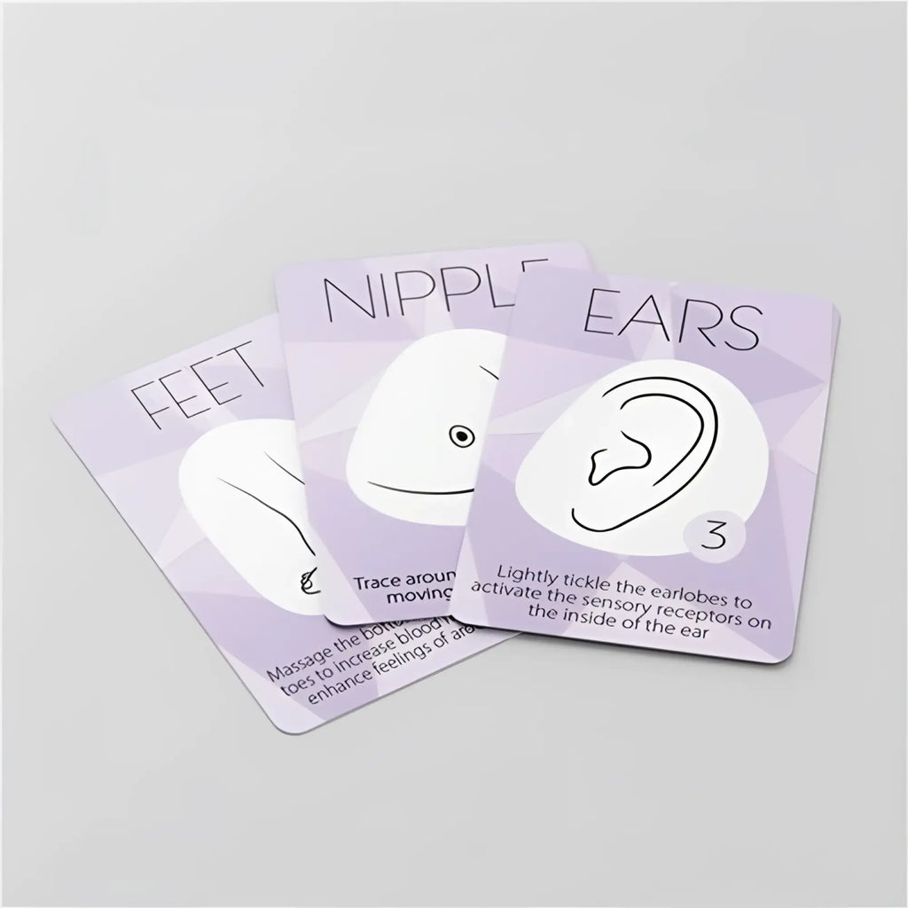 Lavender-colored square cards with white line drawings of feet nipples and ears from pillow talk special edition racy mini massager purple