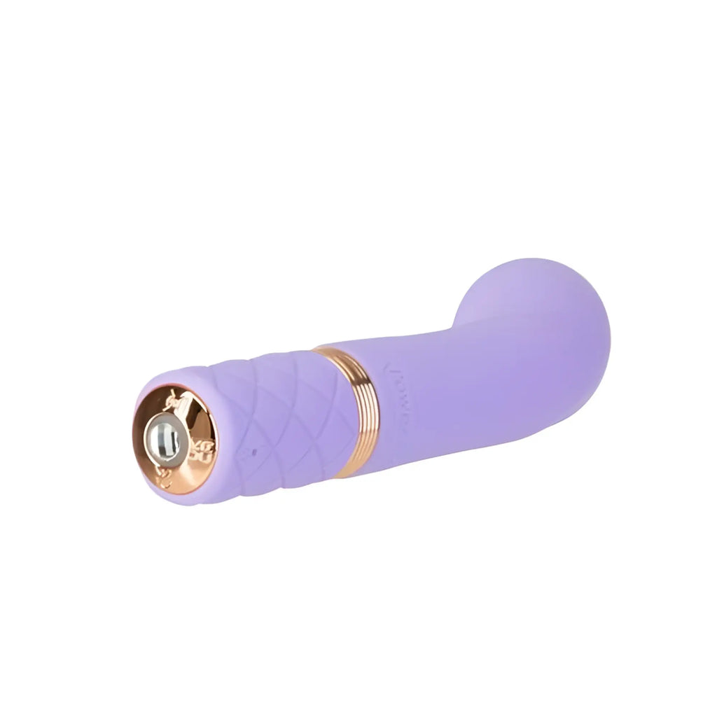 Lavender silicone pillow talk special edition racy mini massager with gold-tone accents and textured grip