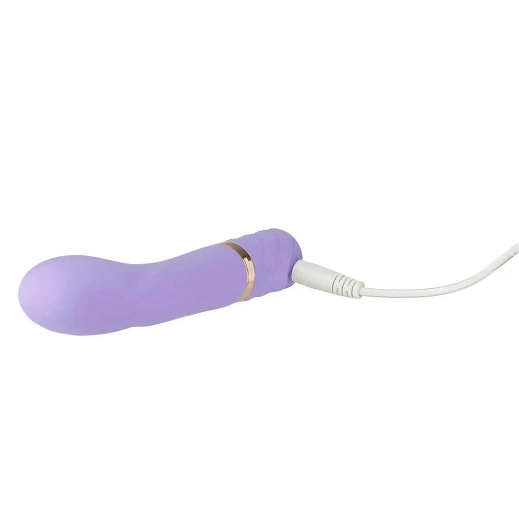 Purple silicone Pillow Talk Special Edition Racy Mini Massager with gold band and white charging cable