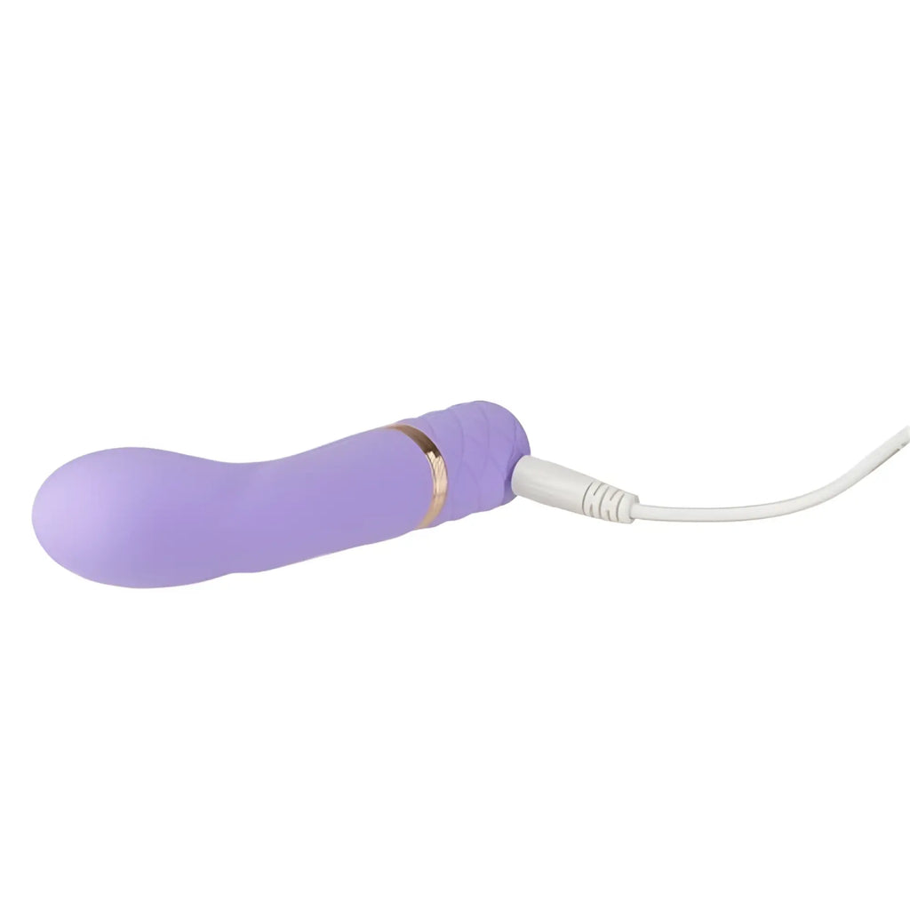 Purple silicone Pillow Talk Special Edition Racy Mini Massager with gold band and white charging cable