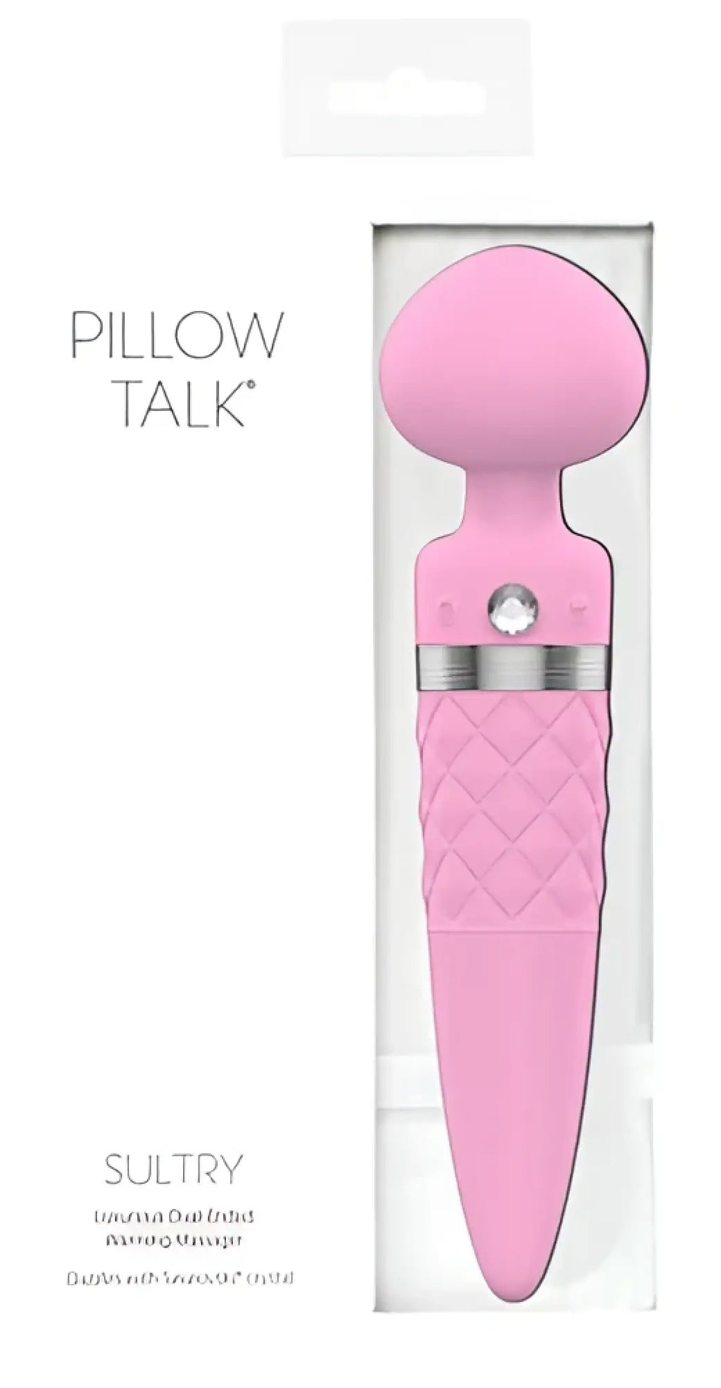 Pink sultry pillow talk dual ended warming massager with quilted texture and silver accent band for intimate use