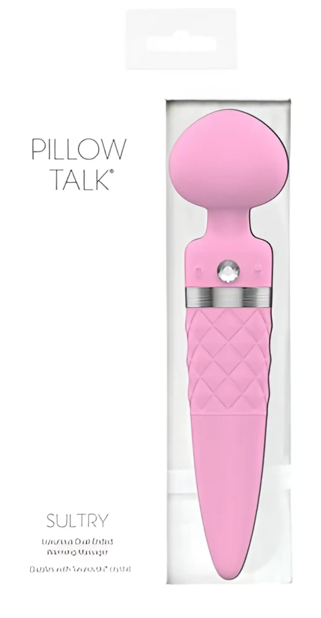 Pink sultry pillow talk dual ended warming massager with quilted texture and silver accent band for intimate use