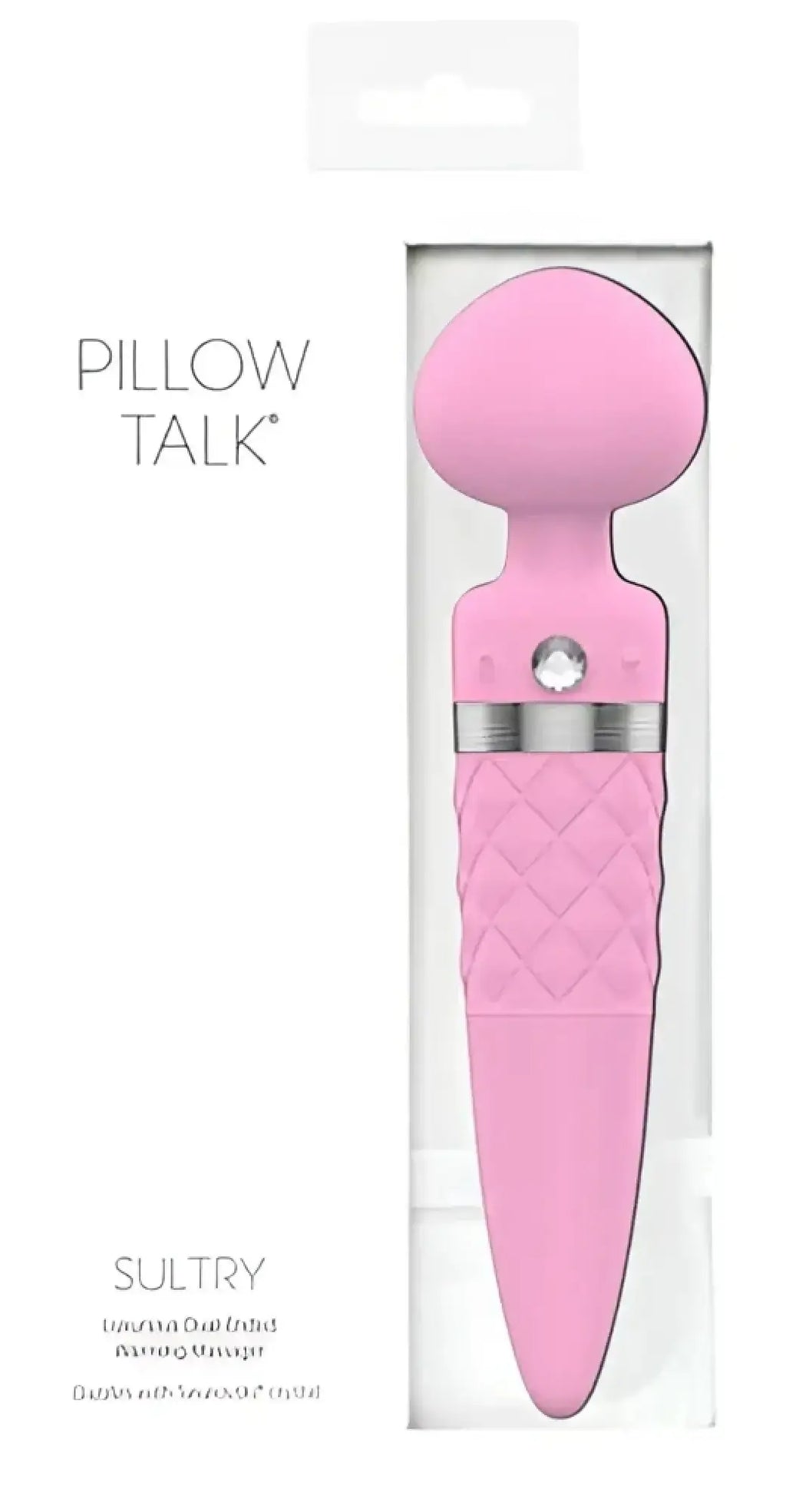 Pink sultry pillow talk dual ended warming massager with quilted texture and silver accent band for intimate use