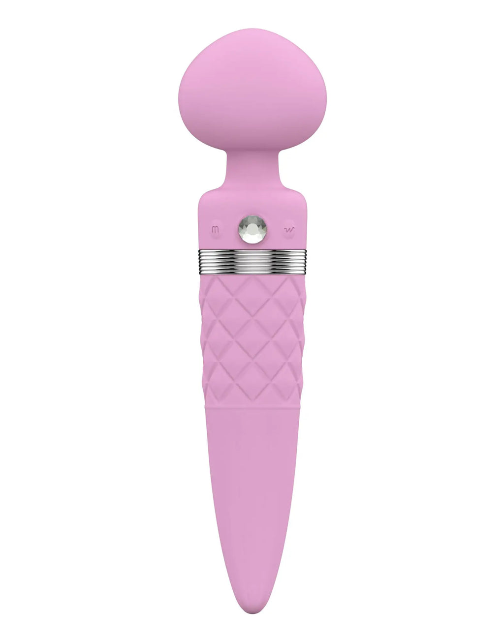Pink silicone Pillow Talk sultry dual ended warming massager with diamond grip and silver accent band