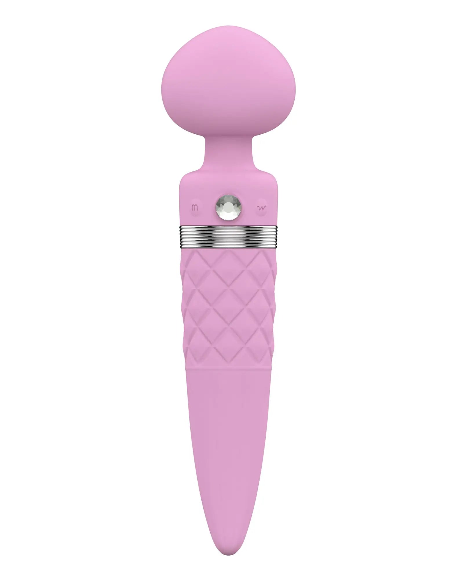Pink silicone Pillow Talk sultry dual ended warming massager with diamond grip and silver accent band