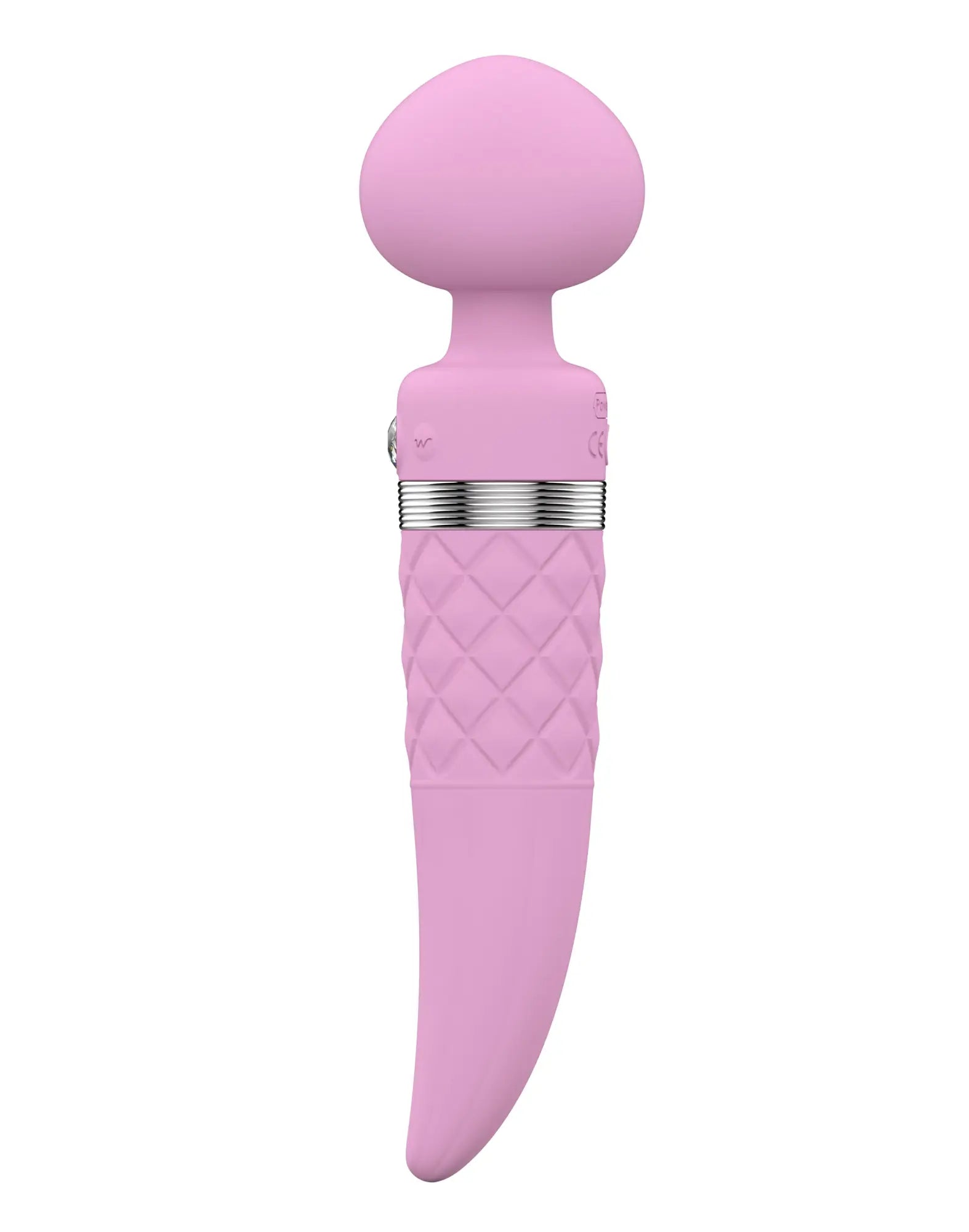 Pink silicone pillow talk sultry dual ended warming massager with diamond patterned grip and silver metallic band