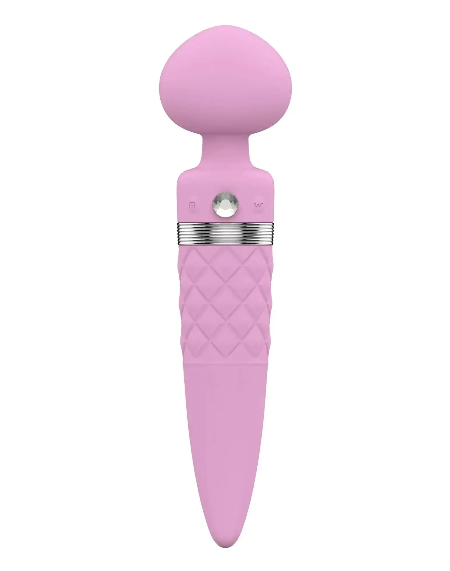 Pink silicone Pillow Talk sultry dual ended warming massager with diamond grip and silver accent band