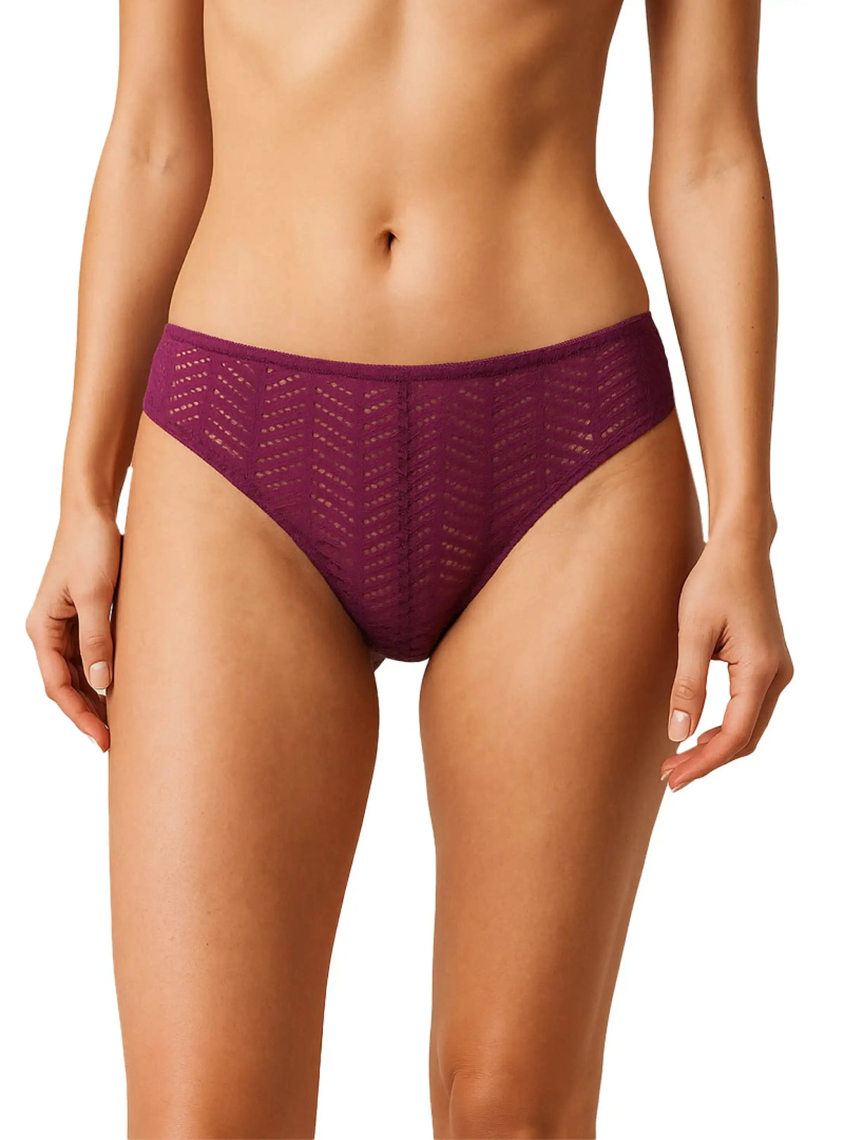 Purple lace-trimmed briefs with a chevron pattern