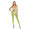 Neon green sheer two-piece bra set with embroidered cannabis leaf high-waisted leggings pink lipstick brand