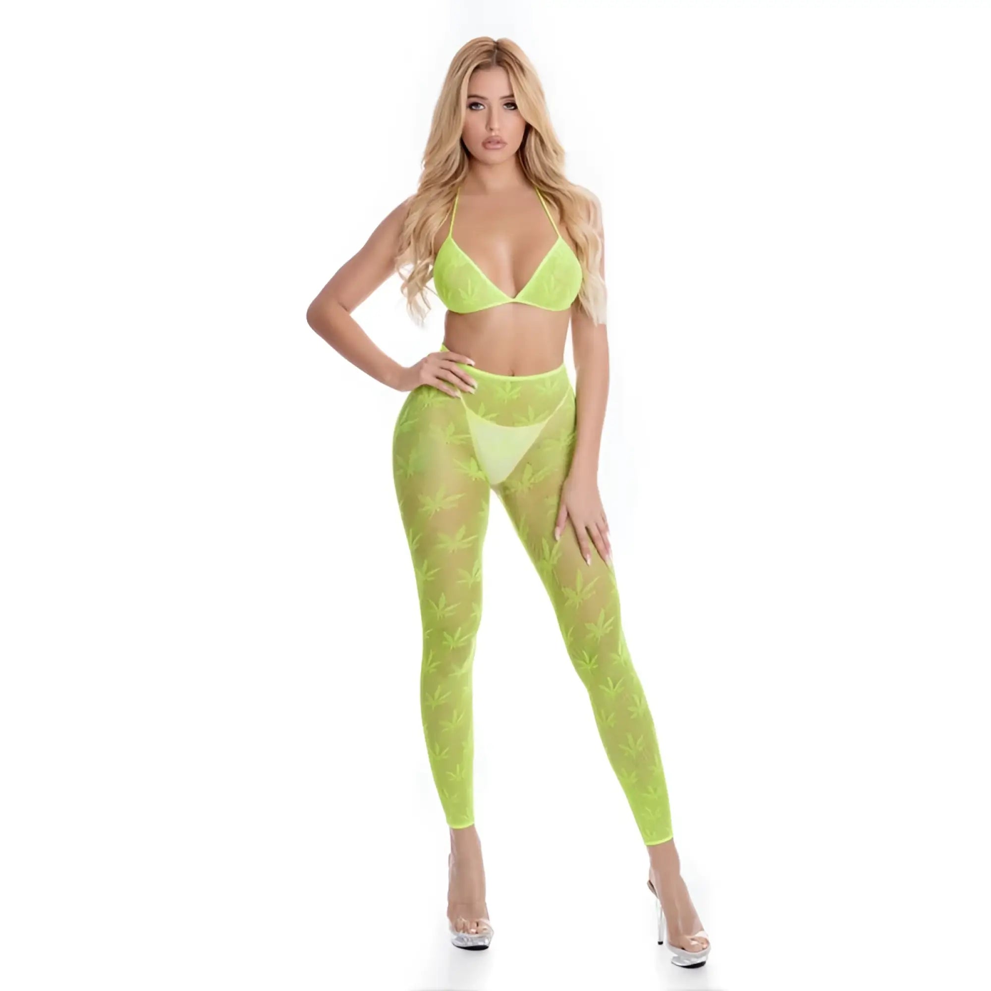Neon green sheer two-piece bra set with embroidered cannabis leaf high-waisted leggings pink lipstick brand