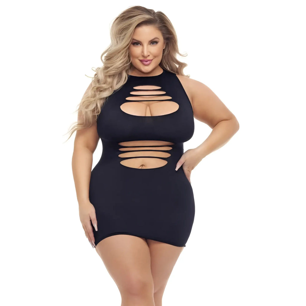 Black halter-neck plus size mini dress with horizontal cutout details by pink lipstick cant commit dress