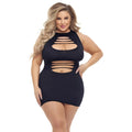 Black halter-neck plus size mini dress with horizontal cutout details by pink lipstick cant commit dress