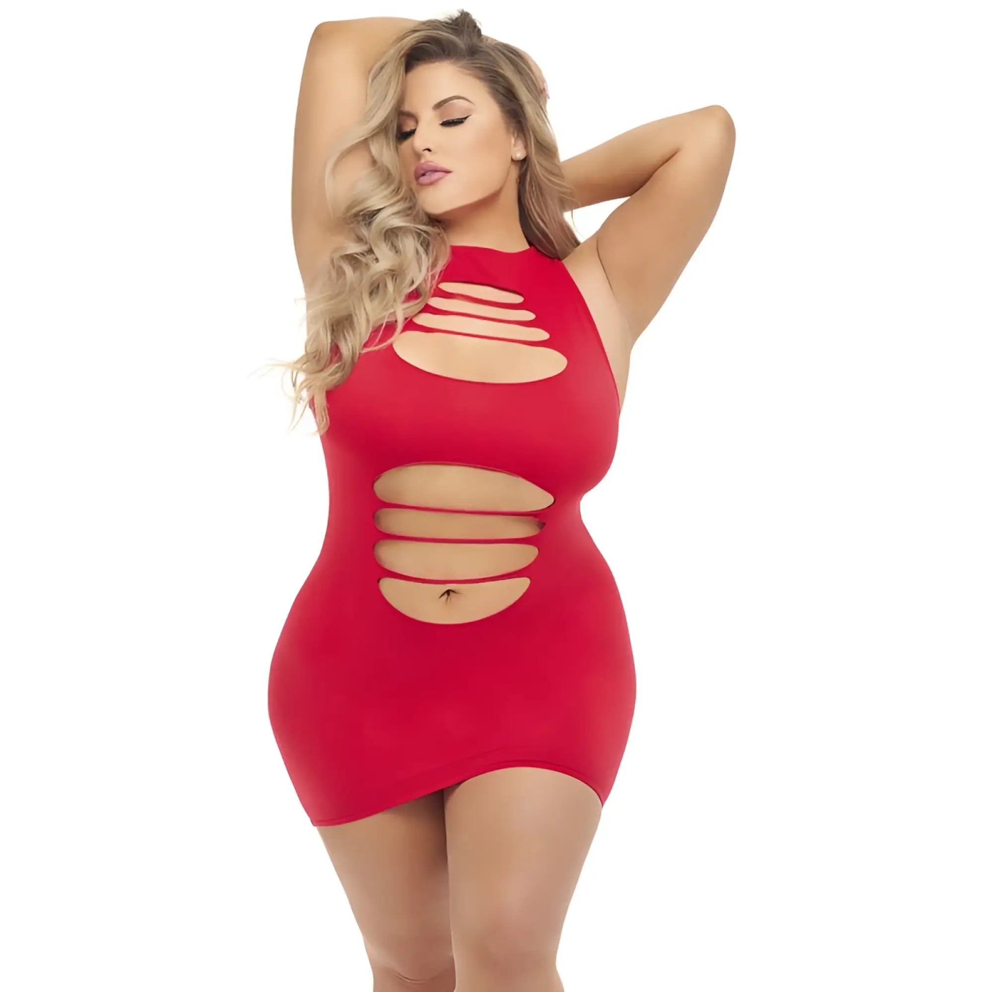 Pink lipstick cant commit dress red plus size mini dress with halter neckline and horizontal cut-out details
