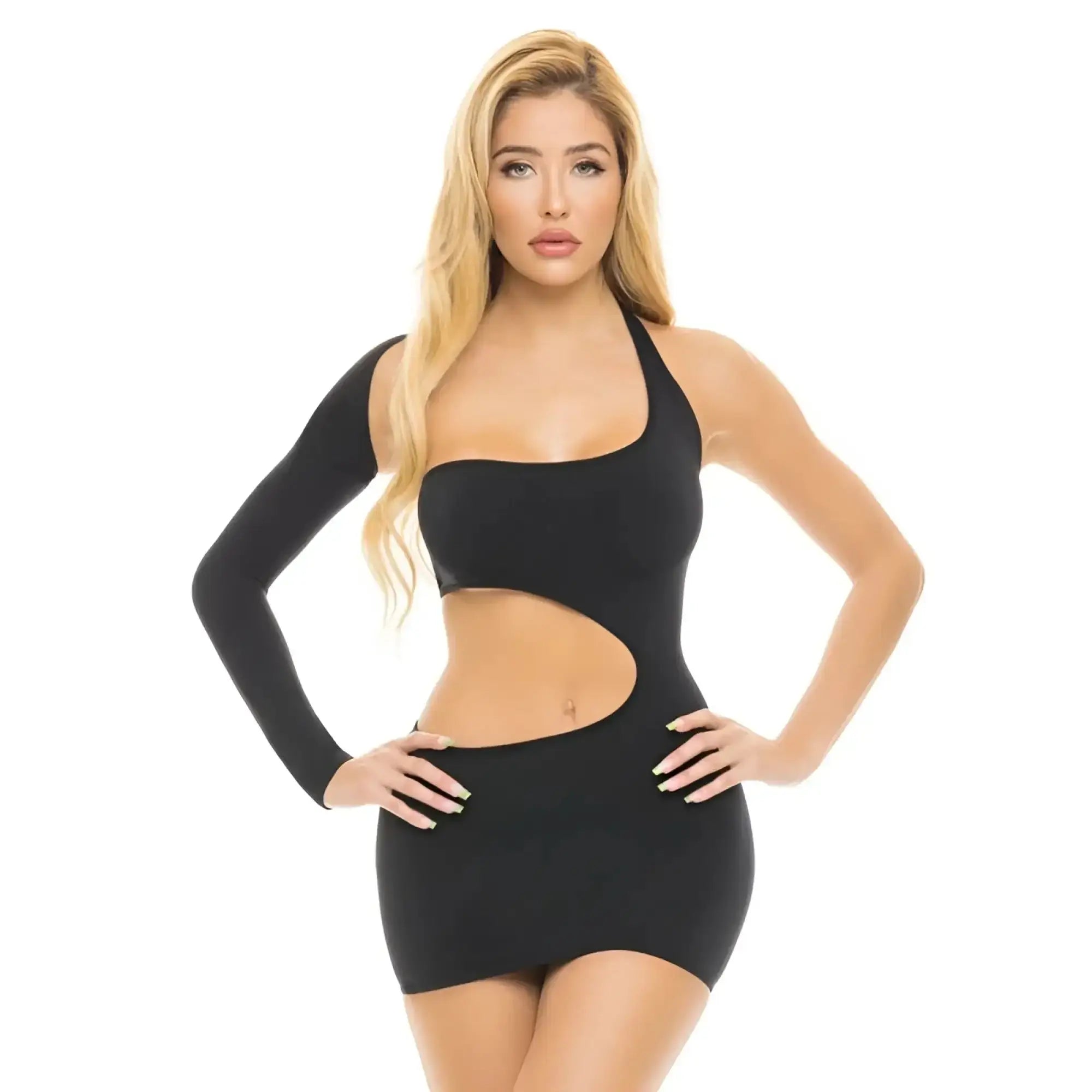 Black long sleeve form-fitting one-piece dress with midriff cutout pink lipstick cut my life into pieces design