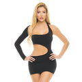 Black long sleeve form-fitting one-piece dress with midriff cutout pink lipstick cut my life into pieces design