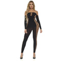 Black off-the-shoulder bodysuit with sheer mesh side panels and lace-up front pink lipstick diamond drippin design