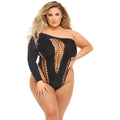 Black one-shoulder long sleeve bodysuit with sheer mesh front panel from Pink Lipstick Dollar Sign plus size collection