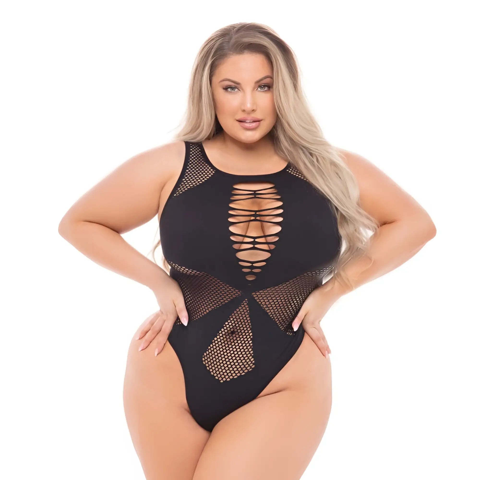 Pink lipstick duchess high neck black plus size bodysuit with black mesh lace-up front and butterfly cutouts