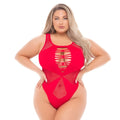 A vibrant red plus size one-piece swimsuit with mesh overlay and lace-up front detail from Pink Lipstick Duchess collection