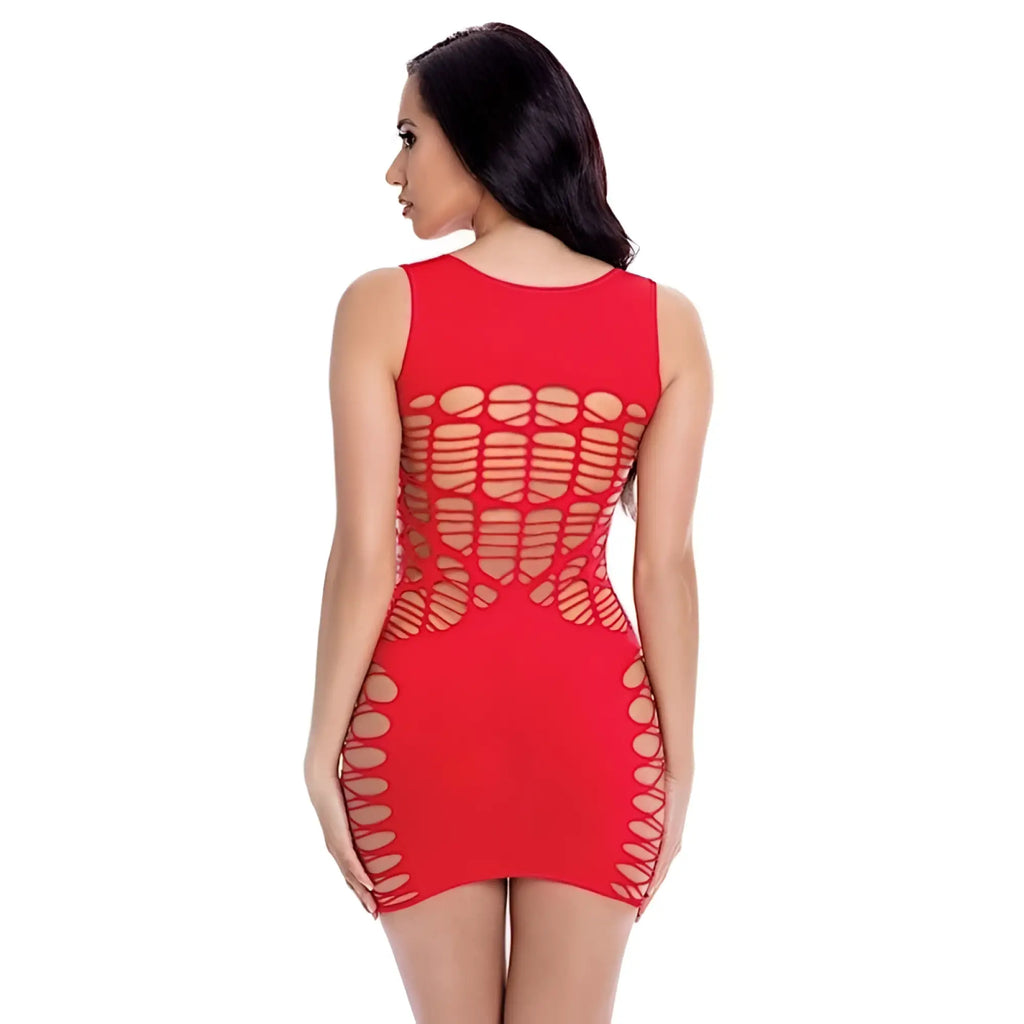 Back view of pink lipstick dynamite diva mini dress red sleeveless bodycon with geometric cutout pattern