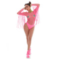 A vibrant hot pink mesh bodysuit with long fringe sleeves and green sequined leaf accents with pot pasties