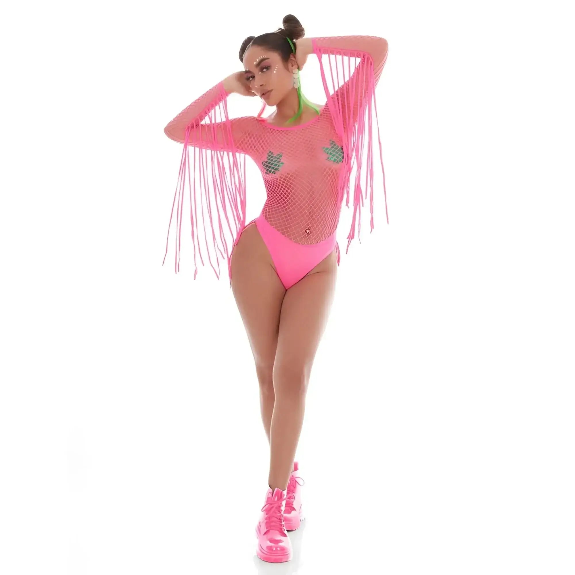 A vibrant hot pink mesh bodysuit with long fringe sleeves and green sequined leaf accents with pot pasties