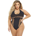 Black mesh one-piece swimsuit with crisscross lace-up neckline and geometric cutouts pink lipstick hot to handle bodysuit plus size