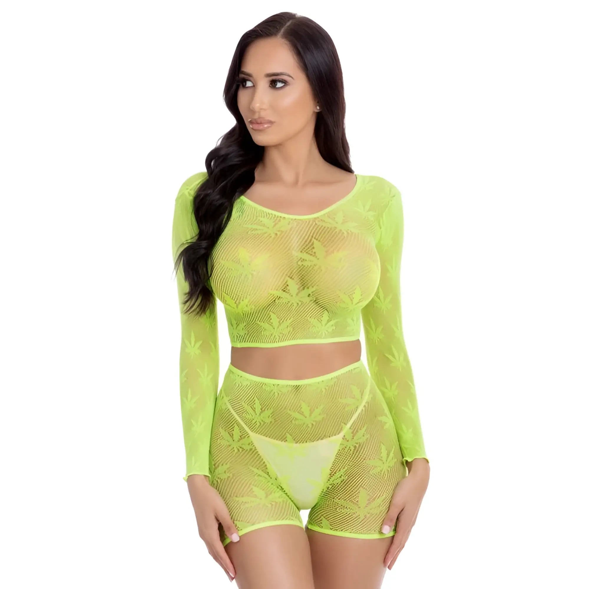 Neon green mesh two-piece short set with cannabis leaf pattern pink lipstick leaf it to me green one size