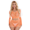 Orange sheer lace two-piece set with long sleeves and high-waisted shorts pink lipstick leaf it to me short set