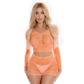 Orange sheer lace two-piece set with long sleeves and high-waisted shorts pink lipstick leaf it to me short set