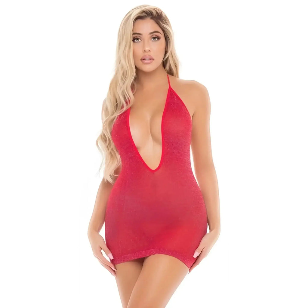 A red sheer lace halter dress with a deep plunging neckline from Pink Lipstick Love Bite in one size