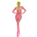 A neon pink sheer two-piece mesh outfit with floral appliqués and matching long gloves from the pink lipstick ring set