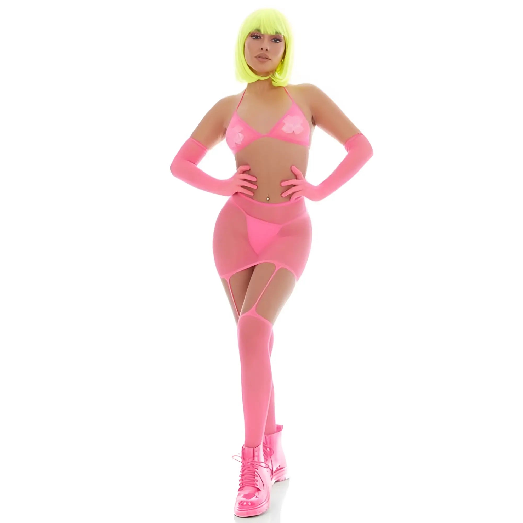 A neon pink sheer two-piece mesh outfit with floral appliqués and matching long gloves from the pink lipstick ring set