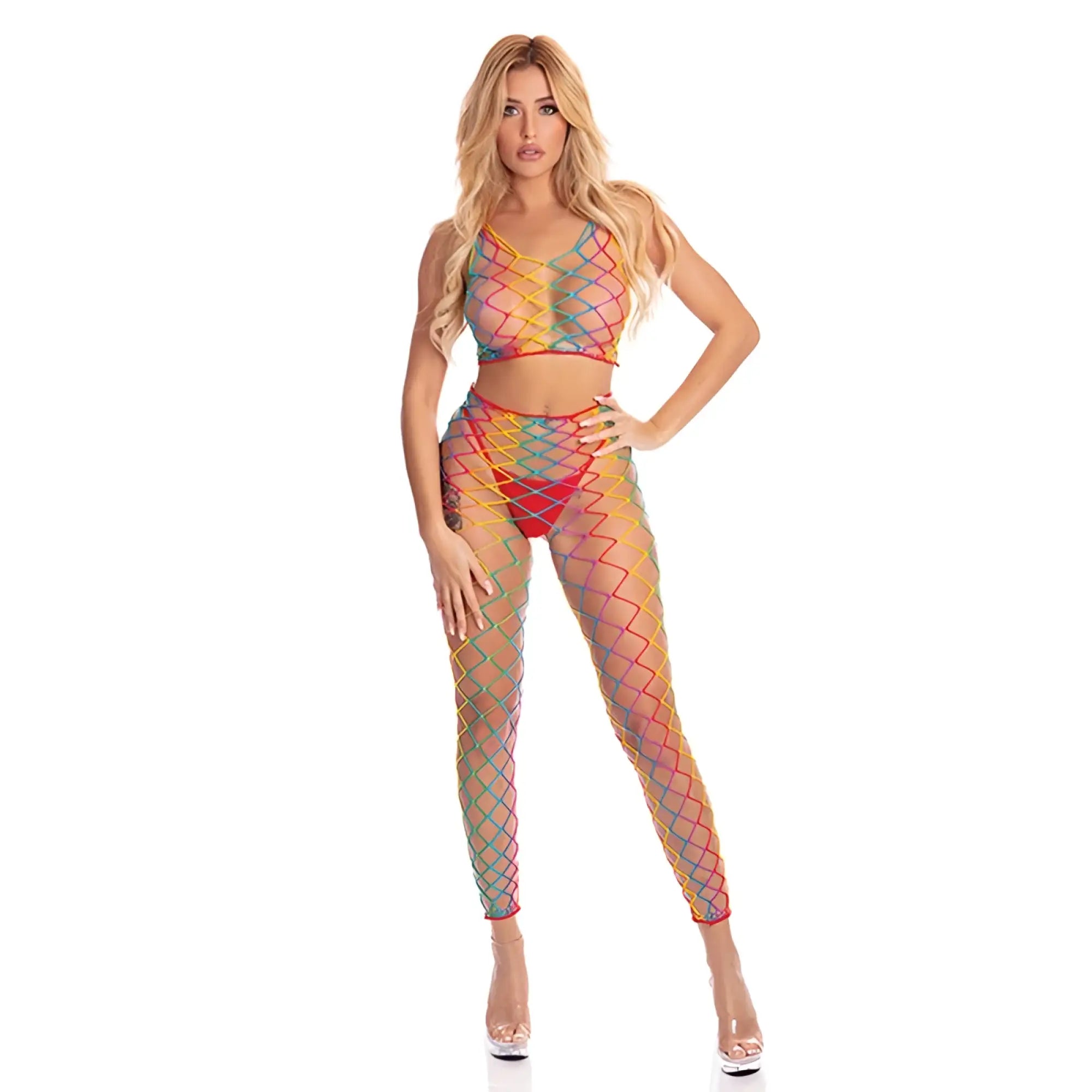 Rainbow-colored fishnet two-piece bodystocking with crisscross pattern by Pink Lipstick one size