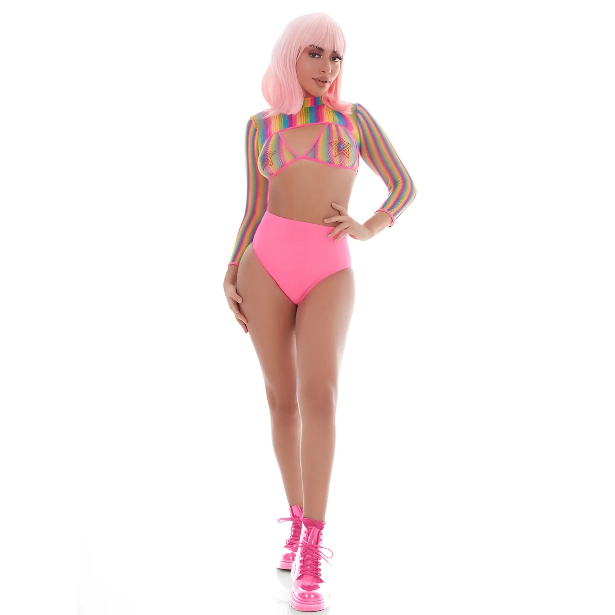 A vibrant pink high-waisted bikini bottom with a sleek form-fitting design from the pink lipstick rainbow shrug set