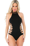 Black halter one-piece swimsuit with mesh neckline and side cut-out details shown from the front