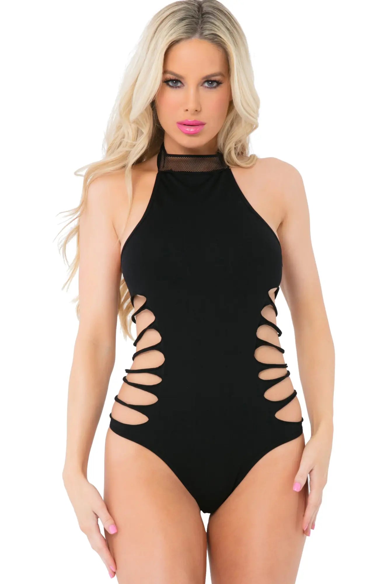 Black halter one-piece swimsuit with mesh neckline and side cut-out details shown from the front