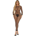Black fishnet bodysuit with long sleeves and sheer mesh design crotchless pink lipstick swipe right one size