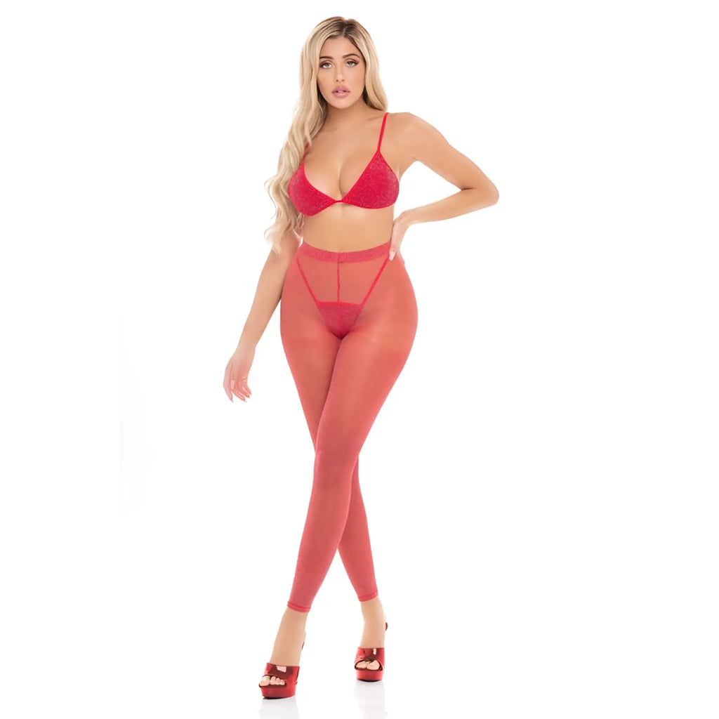 Red sheer lingerie set featuring a triangle bra and matching high-waisted leggings from pink lipstick tall order collection